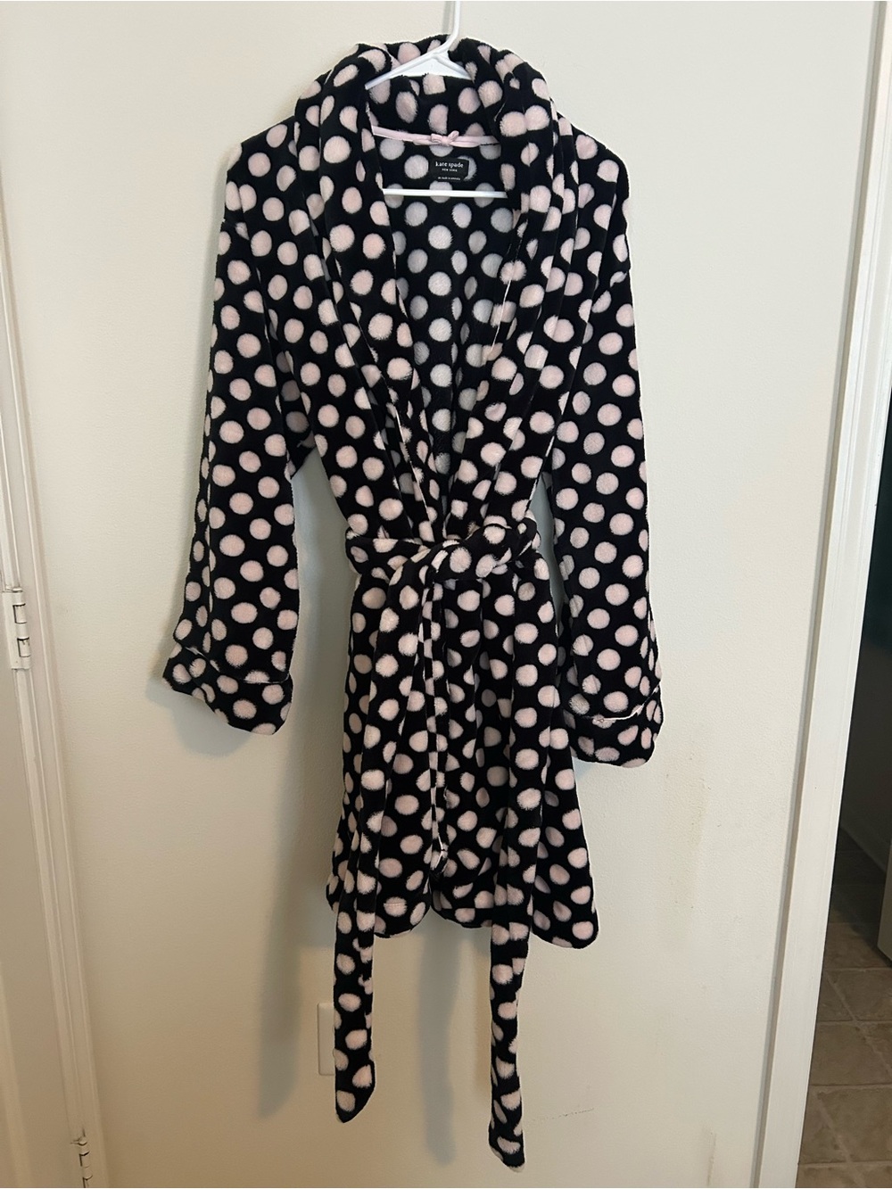 kate spade Black Plush Robe with Light Pink Polka Dots
